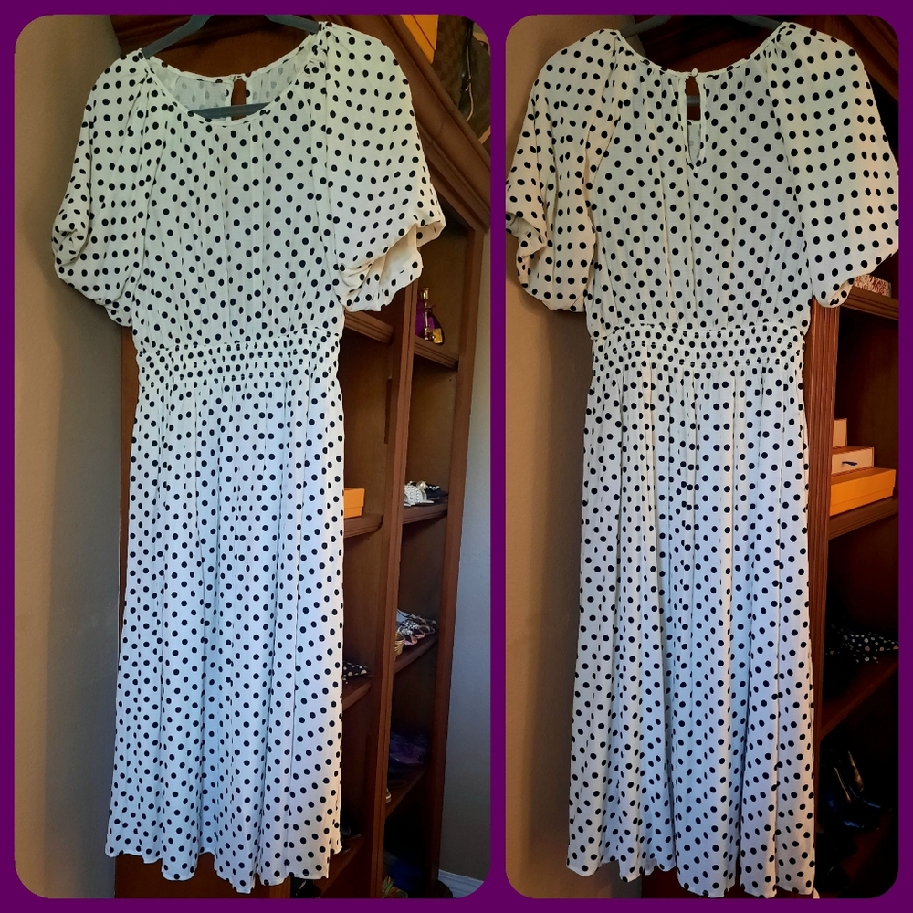 White & Black Polka-dot Dress  M/L